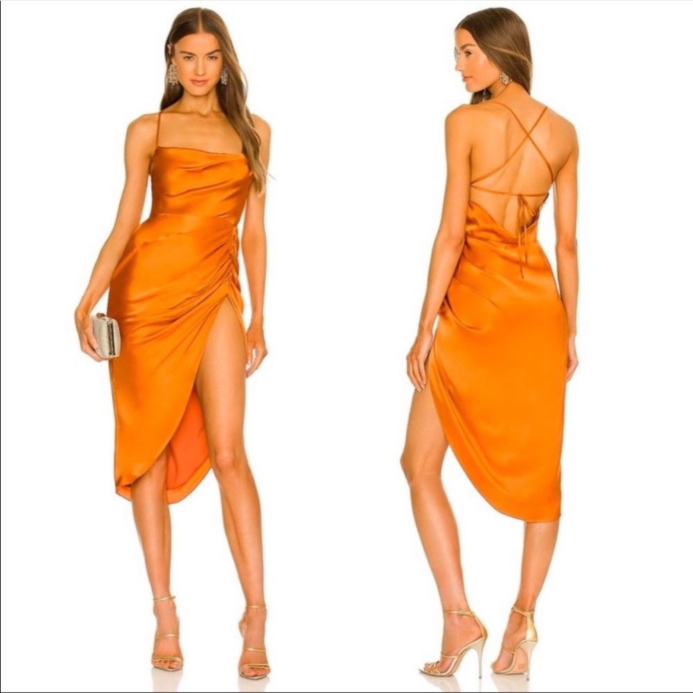 AMANDA UPRICHARD 100% Silk Jasalina Midi Dress in Ginger Orange XS